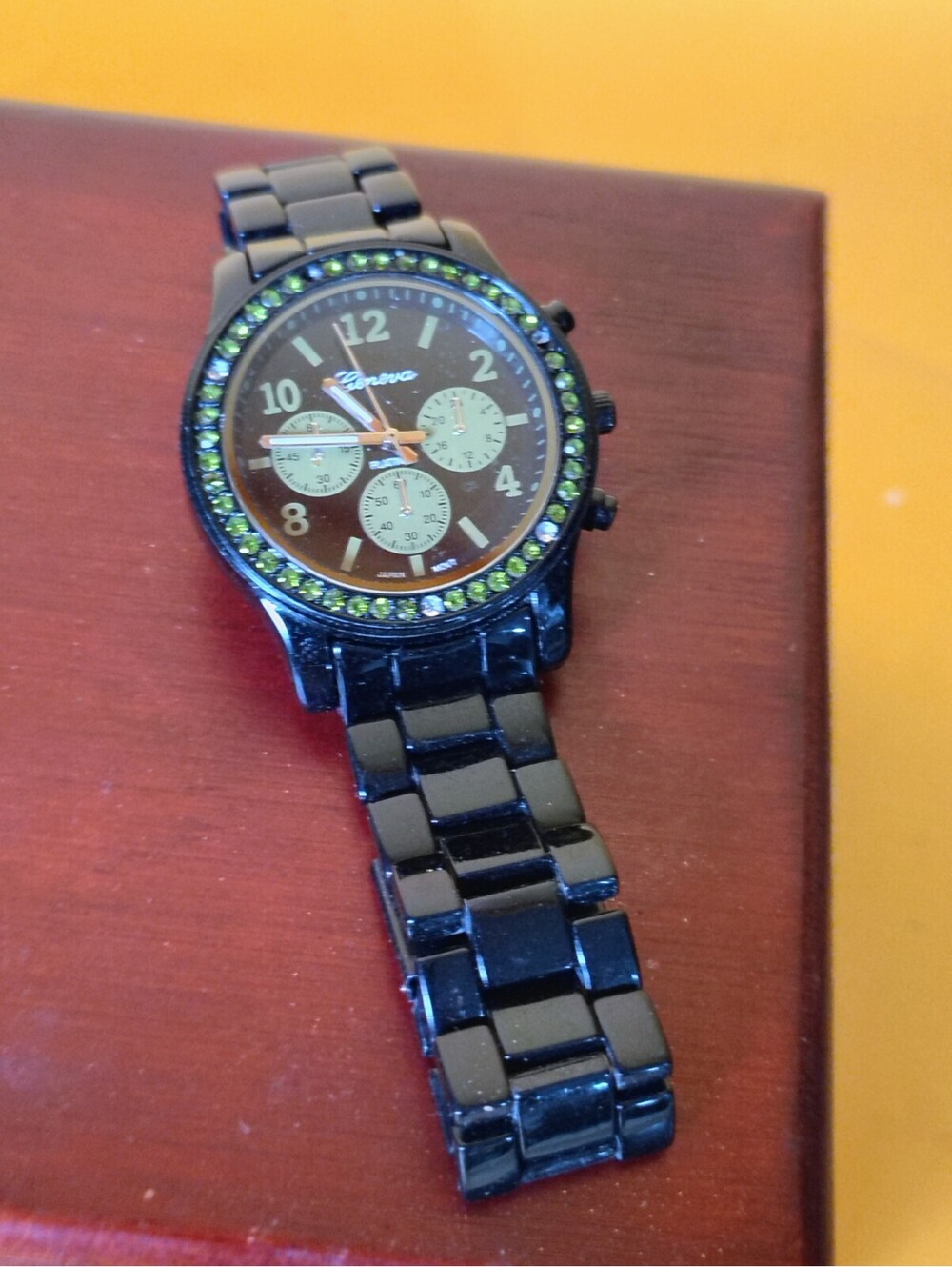 Geneva Platinum Watch 9073 Black Link Rhinestone Bezel Faux Chrono